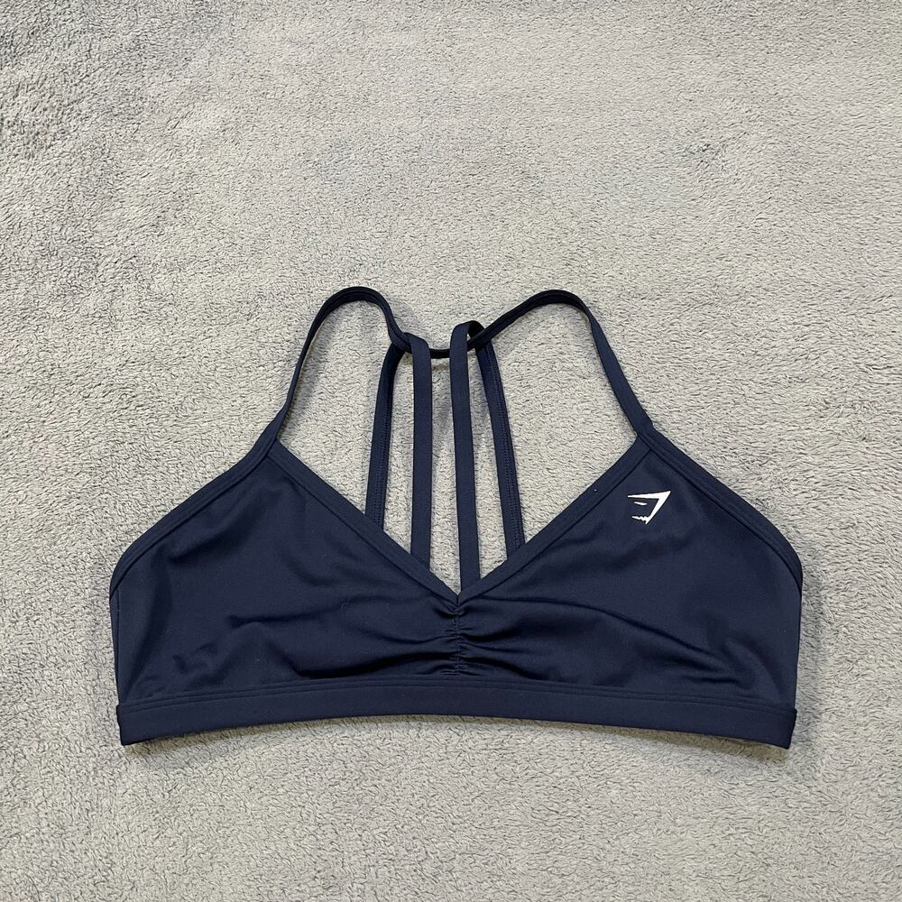 Gymshark Ruched Navy Blue Performance Strappy V-Neck Sports Bra Women's Size L